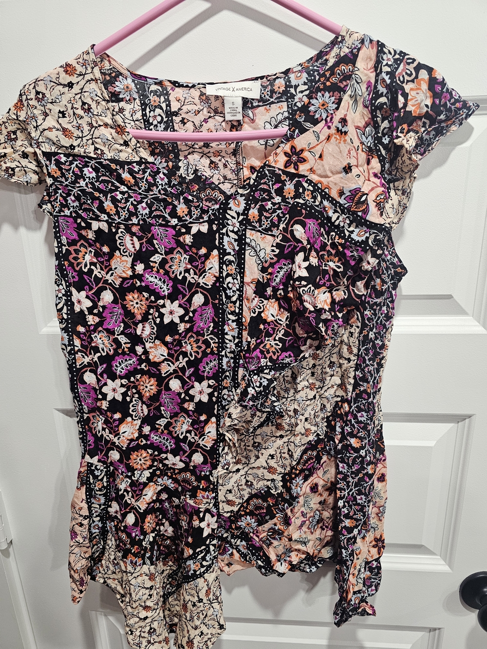Vintage America Floral Patchwork Cap Sleeve Tunic - Black, Pink & Cream